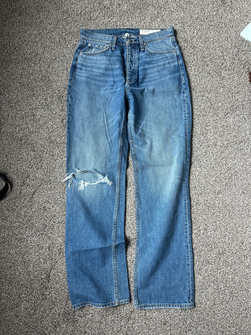 rag & bone Blue Straight Leg Jeans with Distressed Knee